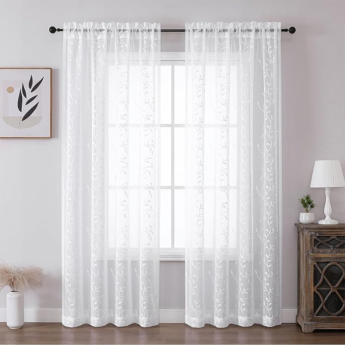 VISIONTEX White Sheer Voile Curtains, Decorative Beige Leaves Embroidery Faux Linen Rod Pocket Window Drapes for Home Kitchen, Living Room and Bedroom 54 x 63 Inch, Set of 2 Curtain Panels