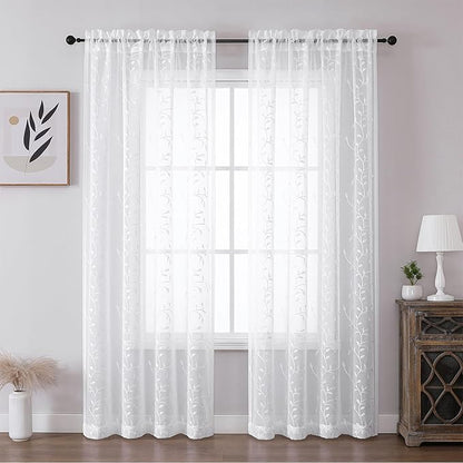 VISIONTEX White Sheer Voile Curtains, Decorative Beige Leaves Embroidery Faux Linen Rod Pocket Window Drapes for Home Kitchen, Living Room and Bedroom 54 x 63 Inch, Set of 2 Curtain Panels