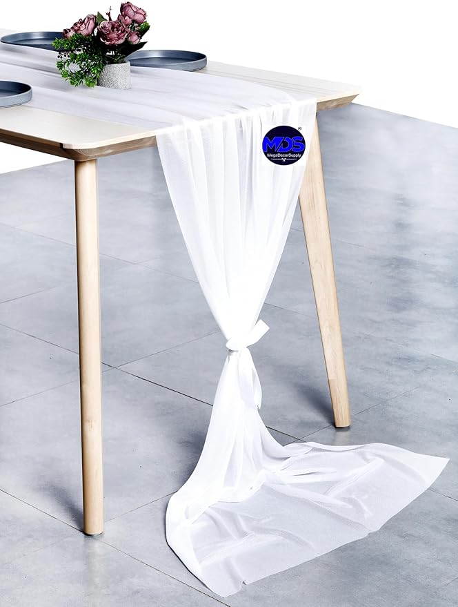 MDS Halloween Chiffon Table Runner - 15 Pack, 29 x 170 Inches, 14ft Each - Sheer Spooky Table Runners for Haunted House Parties, Trick-or-Treat Tables, Witchy Décor, Wedding & Events - White