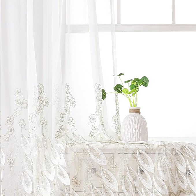 VISIONTEX White Sheer Voile Curtains, Decorative White Embossed Drip Rod Pocket Window Drapes for Home Kitchen, Living Room and Bedroom 54 x 84 Inch, Set of 2 Curtain Panels