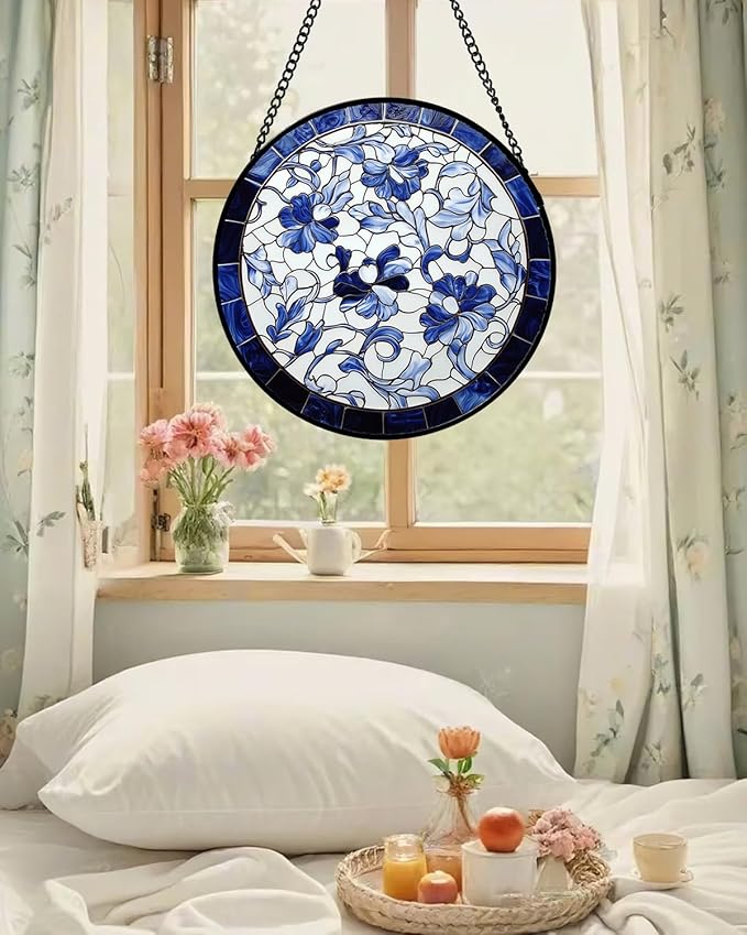 Stained Glass Window Hanging, Blue and White Abstract Flowers Sun Catcher for Door Home Decor Suncatcher Christmas Mother's Day Birthday Gifts for Women Men Mom and Nana 6.3 in