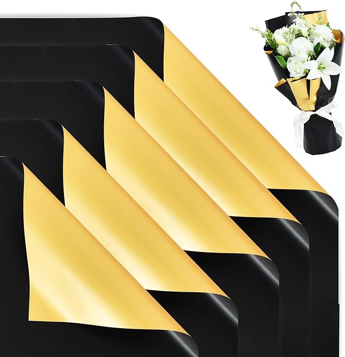BEISHIDA 20Pcs Black and Gold Double Sided Floral Wrapping Paper Matte Waterproof Flower Bouquet Wrapping Paper for Floral Wrap Florist Packing Supplies Birthday Valentine's Christmas Gift Wrapping