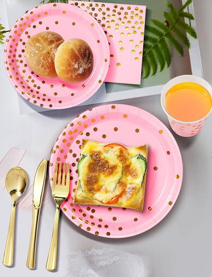 141 Pieces Pink and Gold Party Supplies, Party Dinnerware Sets Include Paper Plates Napkins Cups Silverware, for Wedding Bridal Shower Engagement Birthday Parties Decoration -20 Serves
