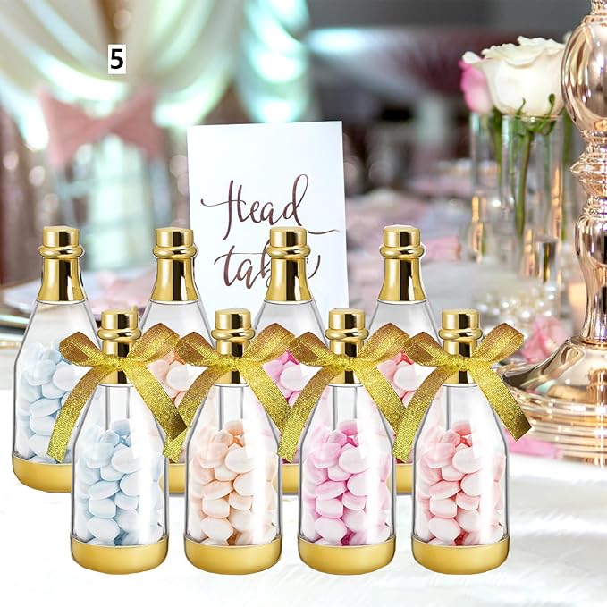 Frcctre 48 Pack Metallic Golden Mini Champagne Bottles, Plastic Champagne Candy Bottles Candy Jar Party Favor Containers for Wedding Birthday Party Bridal Shower Baby Shower