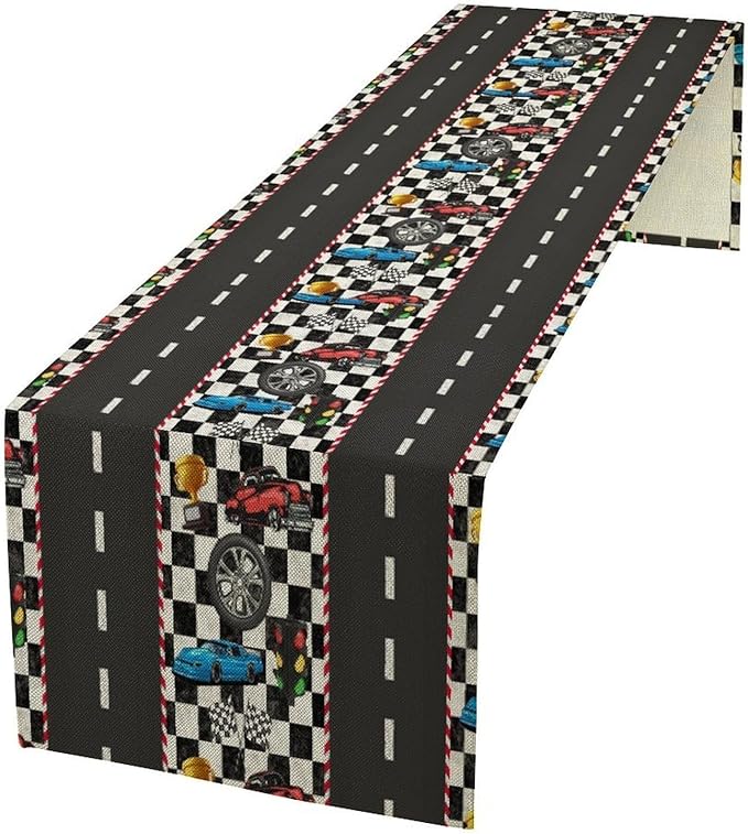 Race Car Table Runner,Checkered Flag Black and White Race Cars Pattern Print Tablecloth Burlap for Hotel Indoors Outdoor Dining Room Kitchen Home Decor,W13X L60 in