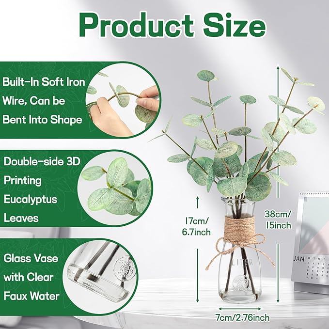 Artificial Eucalyptus Stems in Glass Vase with Faux Water, 15" Small Bathroom Greenery with Double-Sided Green Leaves, Farmhouse Office Decor, Realistic Fake Plant Wedding Centerpiece