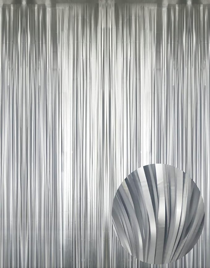 GOER 3.2 ft x 8.2 ft Metallic Tinsel Foil Fringe Curtains Party Photo Backdrop Party Streamers for Birthday,Graduation,New Year Eve Decorations Wedding Decor (4 Pcs,Matte Silver,Thick Material)