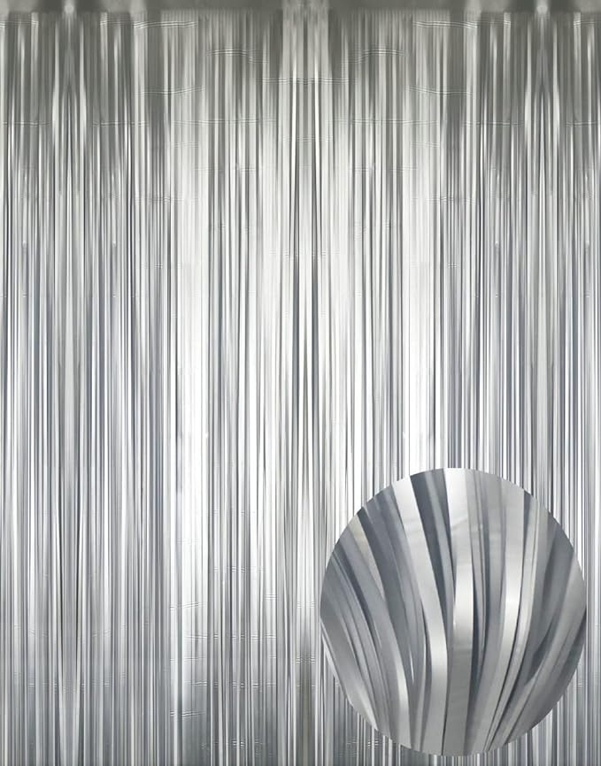 GOER 3.2 ft x 8.2 ft Metallic Tinsel Foil Fringe Curtains,Party Streamer Backdrop for Birthday,Graduation Decorations and New Year Eve (2 Pcs,Matte Silver,Thick Material)