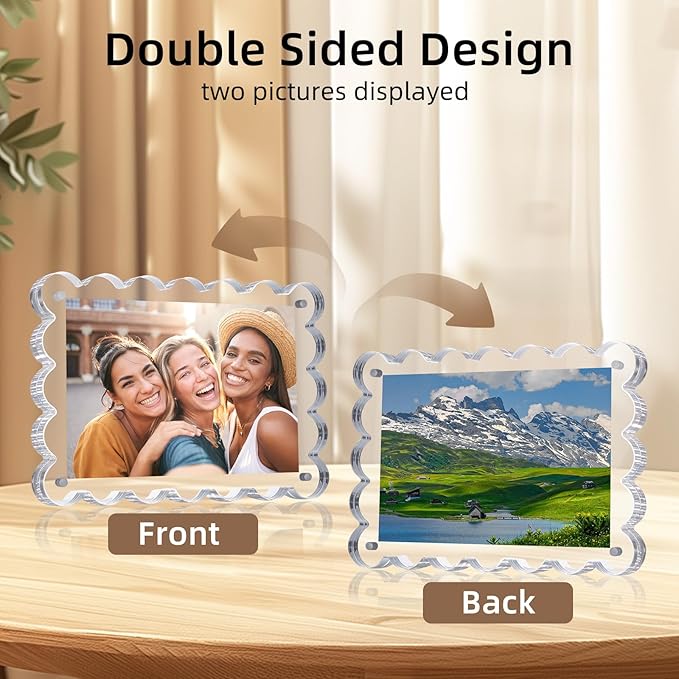 3 Pack Acrylic Picture Frame: 4x6inch Magnetic Picture Frames, Double Sided Magnet Frames,10+10mm Thick Block, Clear Photo Scalloped Frames Freestanding for Desktop Display (Clear, 4X6)