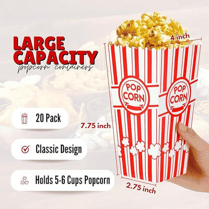 ZEEGO0 20-Pack Popcorn Boxes, Sturdy and Durable Popcorn Bucket, 7.75in Tall Large Capacity Popcorn Containers, Cups & Bowls, Convenient Movie Night Supplies, Perfect for Families, Parties, Carnivals