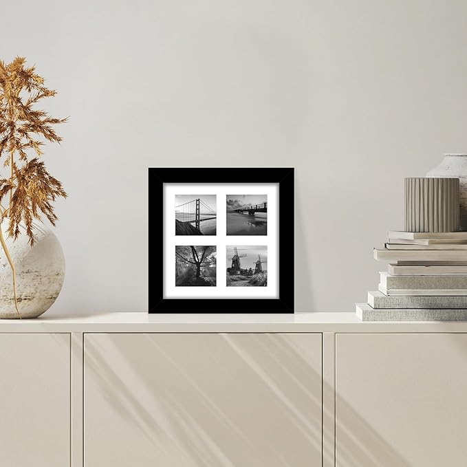 8x8 Picture Frame Set of 2, with Glass and Black Wood Frames, Display Collage Four Opening 3x3 With Mat or 8 x 8 Without Mat for Wall Hanging or Tabletop