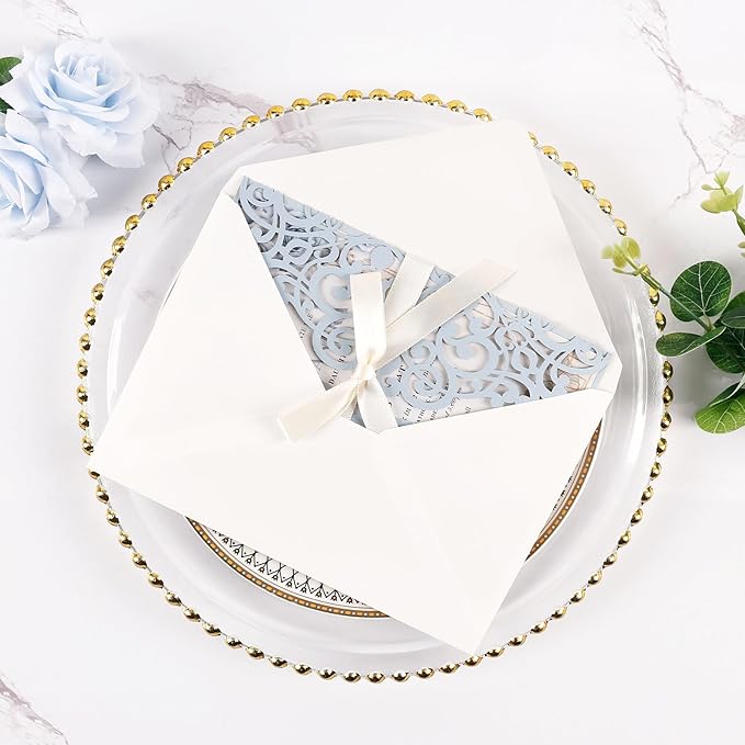 50pcs Laser Cut Wedding Invitation Pockets 5x7 '' Dusty Blue Wedding Invitations Kit With Envelopes Blank Inner Sheet and Ribbon for Wedding Bridal Shower Quinceanera Engagement Party Invite