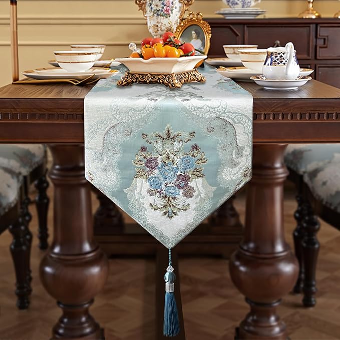 HeMiaor Luxurious Table Runners 98 inches Chenille Jacquard Fabric with Exquisite Hanging Ear Tassels Decoration for Wedding Decor Light Blue