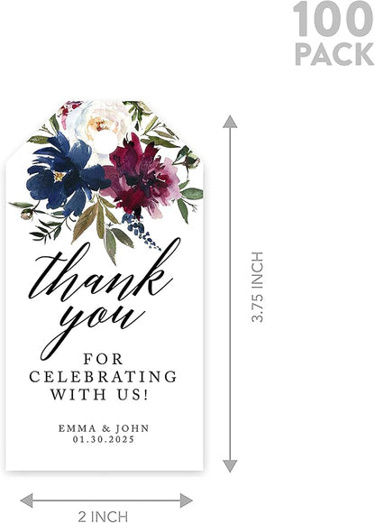 Andaz Press 100-Pack Personalized Thank You for Celebrating with Us Wedding Favor Tags with Bakers Twine Navy Blue Burgundy Florals Custom Cardstock Wedding Gift Tags for Party Favors 2 x 3.75-Inches
