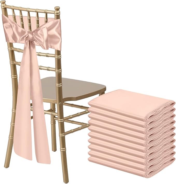 10 PCS Blush Pink Satin Chair Sashes Bows Universal Chair Ribbon Ties Back Sash for Wedding Party Reception Events Banquets Hotel Event Chair Cover Decoration (7x108 inch)