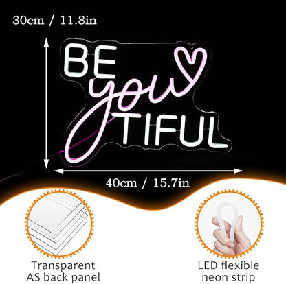 Be Your Tiful Neon Sign Dimmable Letter Neon Signs White Pink Wall Decorative Lights Powered USB with Switch for Bedroom Kid Room Shop Apartment Birthday Party Wedding （15.7’’X11.8’’）