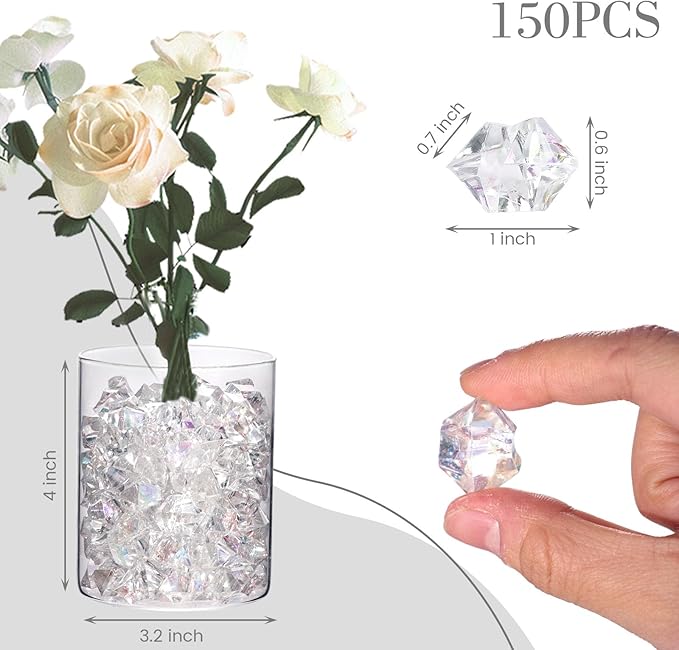 DomeStar Dazzling Fake Ice, 150PCS Sparkling Fake Diamonds, Iridescent Clear Gem Stones Vase Fillers DIY Crafts Wedding Table Scatter Decoration