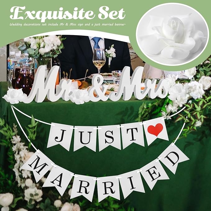 White Wooden Mr and Mrs Signs for Wedding Table, Wooden Wedding Table Signs for Ceremony and Reception - Centerpiece Decorations with Just Married Banner Gifts