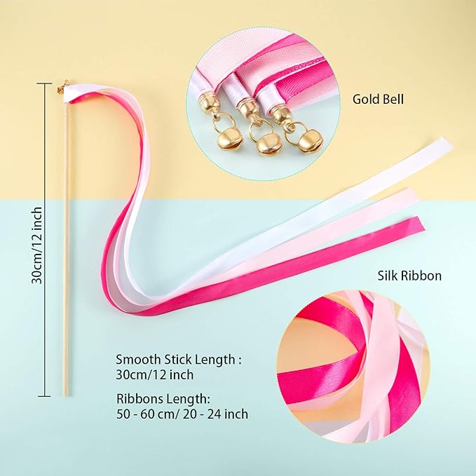 Boao 40 Pieces Mixed Color Ribbon Sticks with Bell, Ribbon Sticks for Stick Party, Streamers for Wedding Birthday Party Celebration Baby Shower Favors(Multicolor)