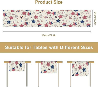 4th of July Table Runner, American Patriotic Independence Day Red Blue White Stars Stripes Fireworks Print Table Runner for Home Party Decor Kitchen Dining Table, 13x120inch