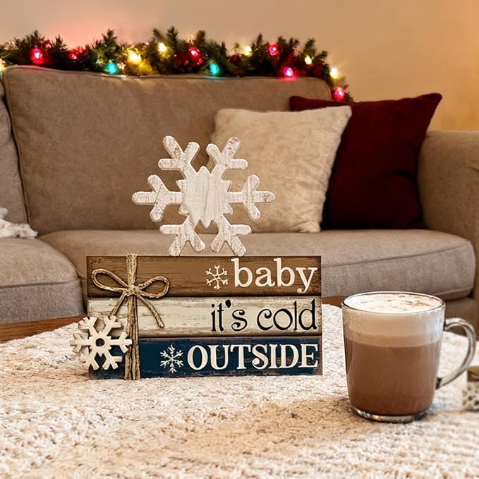 4 Pcs Winter Christmas Decor Winter Table Decorations Christmas Tiered Tray Decor Centerpiece Decorations Indoor Rustic Wooden Snowflake Block Sign Gift Farmhouse for Home Kitchen Shelf