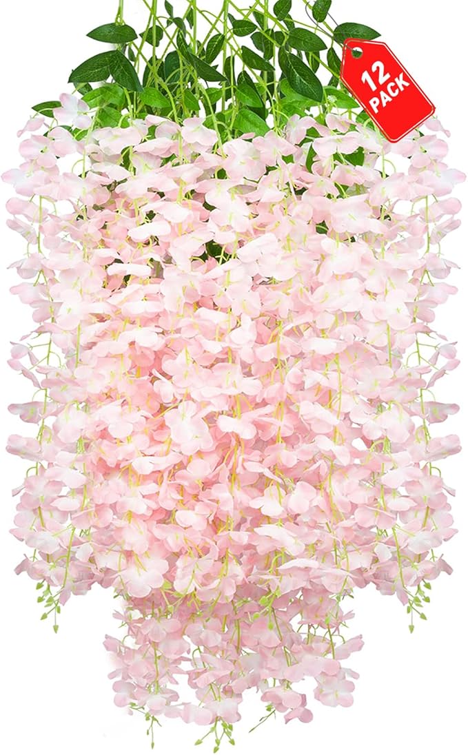 12 Pack Light Pink Wisteria Hanging Flowers, 3.44 Ft Fake Hanging Flowers, Artificial Wisteria Garland Vines for Wedding Room Backdrop Outdoor Patio Garden Decoration