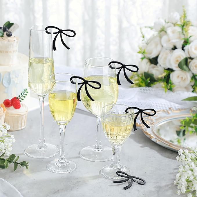 50 Pcs Bows Drink Tags Coquette Bow Wine Glass Charms Acrylic Bowknot Drink Tag for Bachelorette Birthday Wedding Coquette Tasting Party Decor Accessory (Black)
