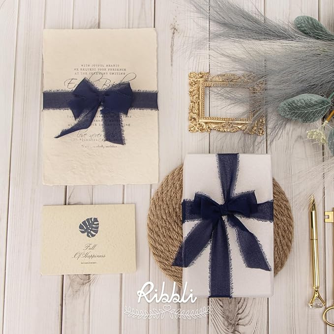 Ribbli Navy Ribbon 1 Inch x 3 Rolls Total 24 Yards Handmade Fringe Chiffon Silk Ribbon for Wrapping Wedding Invitations Bridal Bouquets DIY Crafts Home Decor