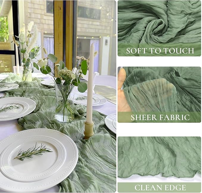 3 Pack Sage Green Cheesecloth Table Runner 10FT 120 Inches Green Gauze Table Runner for Wedding Bridal Shower Baby Shower Fall Thanksgiving Boho Decoration