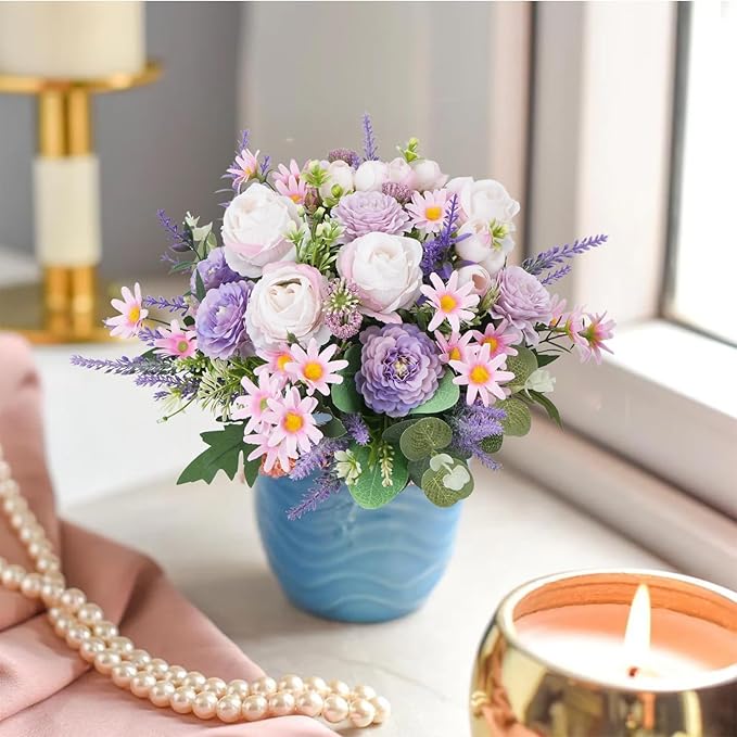 Fake Flowers Purple Artificial Silk Flower Bouquet Faux Flowers for Vase with Rose Peony Daisy for Home Wedding Baby Shower Bridal Bouquets Table Centerpieces Party Fathers Day Decorations
