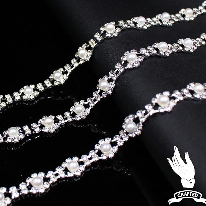 2 Yard Pearl Trim Chain Rhinestone Silver String Crystal Applique Fringe Ribbon Strips Beads Sewing Dress DIY Party Wedding Bouquet for Decoration Bridal Costume Embellishment