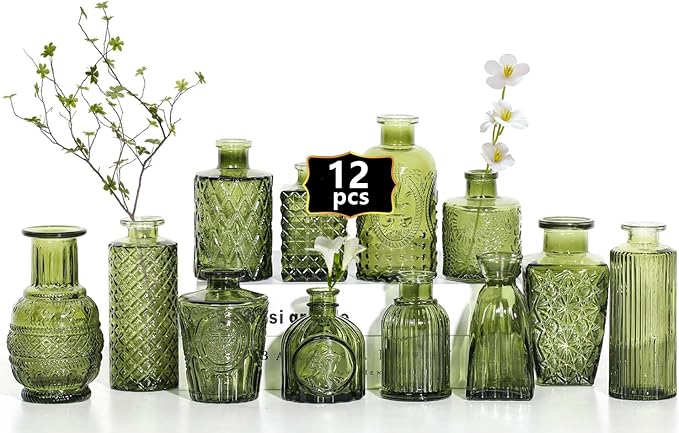 Mini Bud Vases As Wedding Centerpieces for Tables,Clear Bud Vases for Flowers,Small Flower Vases Suitable for Birthday Party,Anniversary,Wedding Reception,Baby Shower (Green, 12PCS)