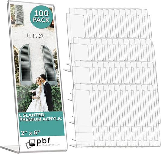 pbf PHOTO BOOTH FRAMES 2x6 Acrylic Sign Holder | 2 x 6 Vertical Stand Up Slanted Sign Holder | Acrylic Stands for Display | Clear Picture Frame, Menu Table Top Stand, Plastic Flyer Holder (100-Pack)
