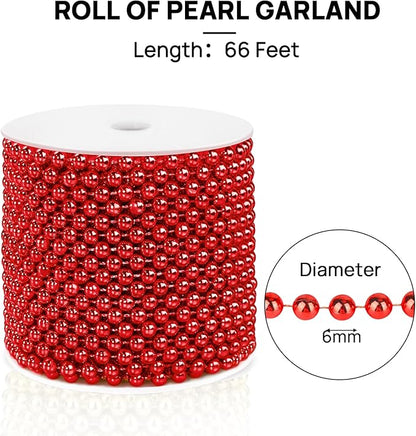 Craft String Pearls 6MM Pearl Bead, 66 Feet Red Faux Pearl Garland Spool Roll Strand Wedding Party Decoration, Christmas Tree Decorations