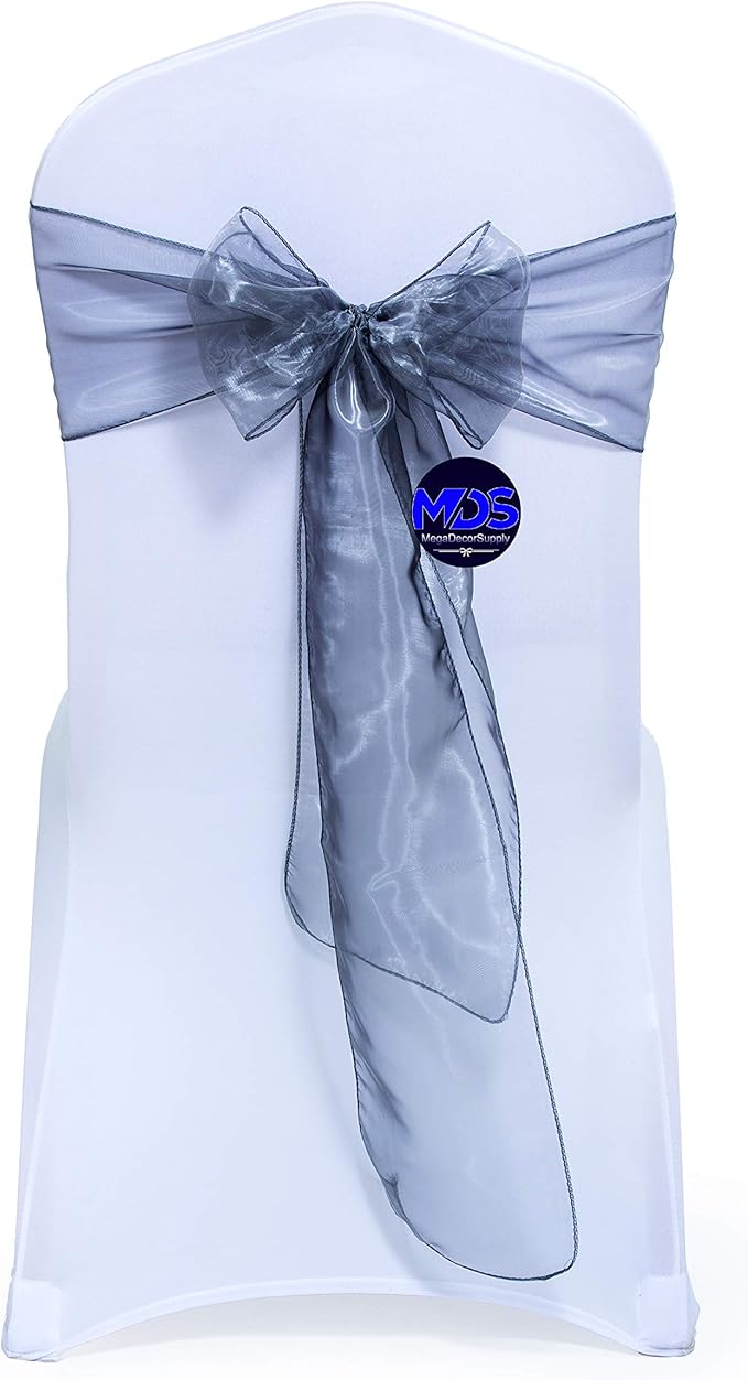 MDS Pack of 150 PCS Organza Chair Sashes Wider Dining Chair Bows Ribbon Tie Back for Wedding Party Birthday Bridal Shower Reception Event Banquet Home Chair Cover Decoration - Silver Gray