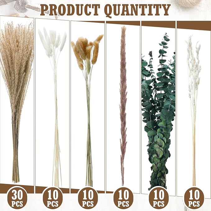 10 Set Dried Pampas Grass Centerpiece for Wedding 10 Clear Glass Jars 10 Artificial Roses 80 Dried Pampas Grass with Rope for Baby Shower Rustic Bridal Party Farmhouse Decoration (White)