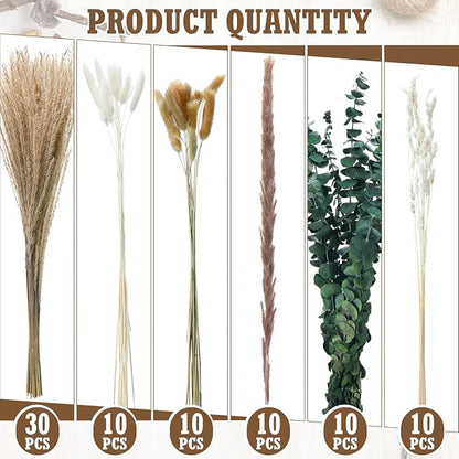 10 Set Dried Pampas Grass Centerpiece for Wedding 10 Clear Glass Jars 10 Artificial Roses 80 Dried Pampas Grass with Rope for Baby Shower Rustic Bridal Party Farmhouse Decoration (White)