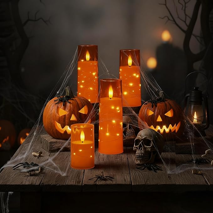 Raycare Flameless Candle with Remote Timer – 9 Flickering Acrylic Battery Operated LED Pillar Candles with Embedded Star String for Halloween, Home Decor, and as a Gift (Orange)