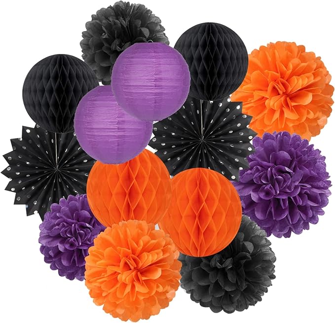 Black Orange Purple Halloween Party-Decorations - 14pcs Kits Paper Lanterns Fan,Tissue Flower Pom Poms Streamers,Honeycomb Balls,Graduation Birthday Wedding Baby Bridal Shower Decor Lasting Surprise