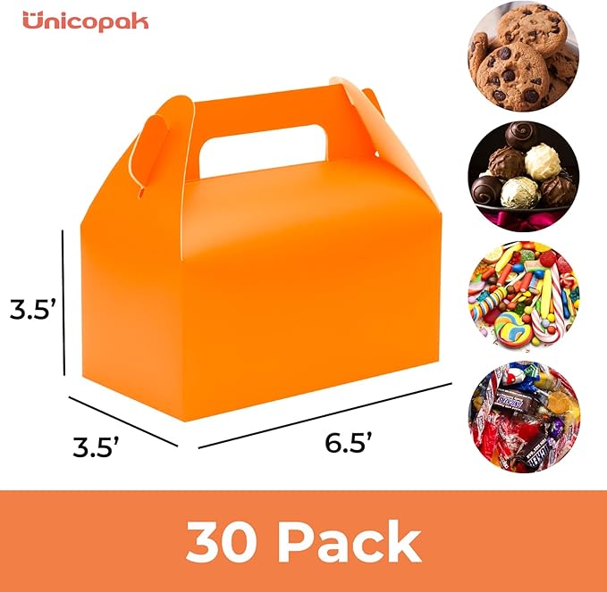 UnicoPak 30 Pack Orange Gable Treat Boxes Party Favor Goodie Bag Boxes for Candy Treats Snacks Cookie Toys for Birthday Party Special Events, 6.5x3.5x3.5 Inches