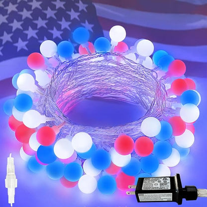 Connectable Red White and Blue String Lights Outdoor Indoor, 42FT 100LED 4th of July Decorations Plug in with Timer, 13 Modes Patriotic Globe Waterproof Fairy Lights for Independence Day Memorial Day
