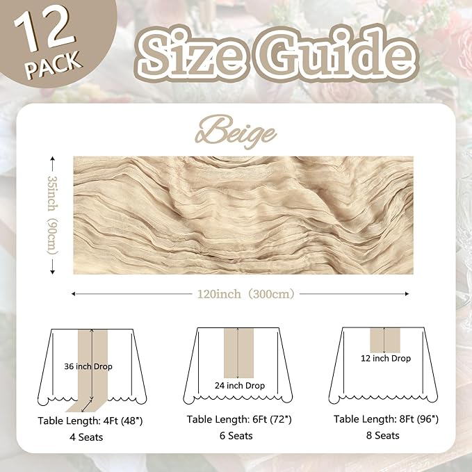 12 Pack Beige Cheesecloth Fall Table Runner 10ft Boho Gauze Fabric Cheese Cloth Table Runner 35 x 120 Inch Rustic Sheer Runner for Thanksgiving Wedding Decor Baby Shower Party Centerpiece Decoration