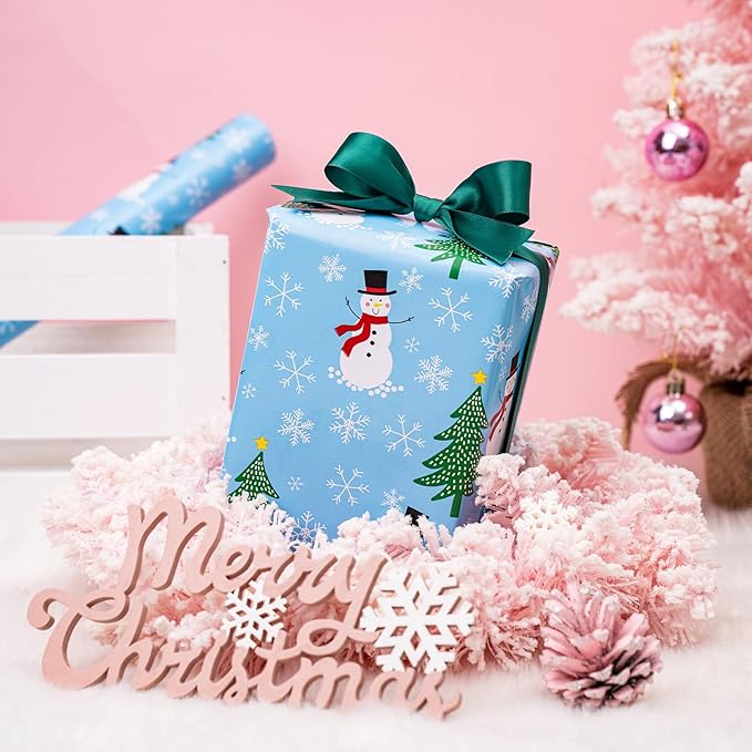 LeZakaa Christmas Wrapping Paper for Kids, Mini Roll, Red Truck, Snowman Christmas Tree in Blue & Pink Candy Cane Reversible Design for Winter Holiday Family Gathering, 17 inches x 32.8 Feet