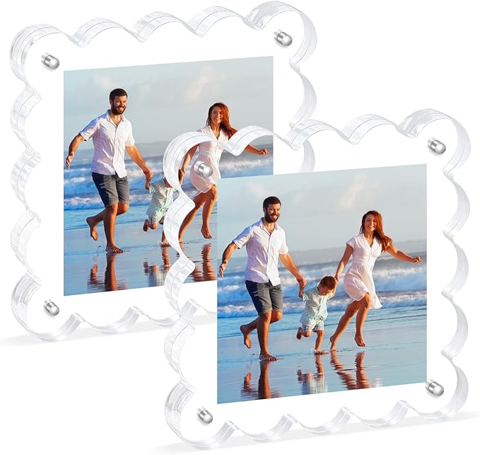 Acrylic Magnetic Picture Frames 4x4-2Pack Clear Freestanding Photo Frame.Double-Sided Scalloped Edges, 10+10mm Thick Block, for Modern Desktop Display &Perfect for Gifts (2 Pack, 4X4)
