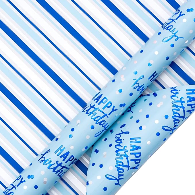 LeZakaa Reversible Blue Birthday Wrapping Paper Roll for Boys Men, Happy Birthday Lettering & Stripe Pattern with Metallic Foil in Blue, Mini Roll, 17 inches x 32.8 Feet (46.45 sq.ft.)