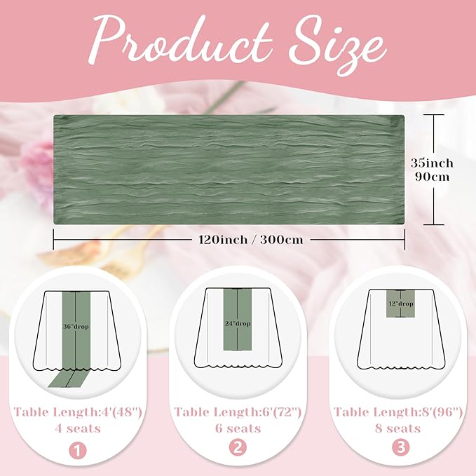 Sage Green Table Runner, 10Ft 120in Cheesecloth Table Runner, Gauze Rustic Cheese Cloth Table Runners for Wedding, Party, Baby Shower, Boho Table Runners for Christmas Thanksgiving Halloween Easter