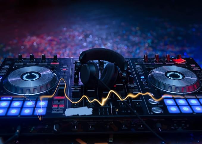 CORFOTO 15x8ft Fabric Dj Mixer with Headphones Backdrop Photography Dj Sound Equipment in Dark Background Musical Dance Disco Party Decorations Live Concert Stage Photoshoot Booth Studio Props