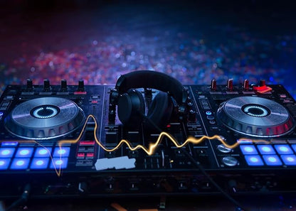 CORFOTO 15x8ft Fabric Dj Mixer with Headphones Backdrop Photography Dj Sound Equipment in Dark Background Musical Dance Disco Party Decorations Live Concert Stage Photoshoot Booth Studio Props