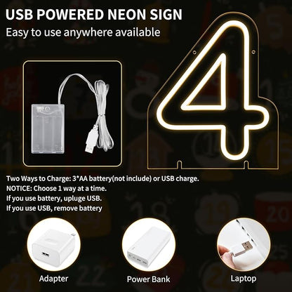 Number 4 LED Neon Sign Backdrop Birthday Party Decoration, 11.3" Height Warm White Marquee Numbers Four Light Up Sign for Wedding Anniversary Window Wall Table, Indoor Battery Operated or USB