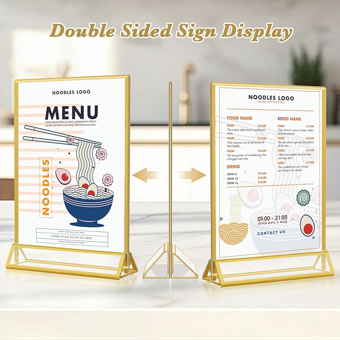 Gold Acrylic Sign Holder 5x7, 16 Pack Wedding Gold Frame Table Number Holders Vertical, Clear Picture Frames Flyer Stands Tables Menu Holder, Double Photo Paper Display Holder for Party, Home, Office